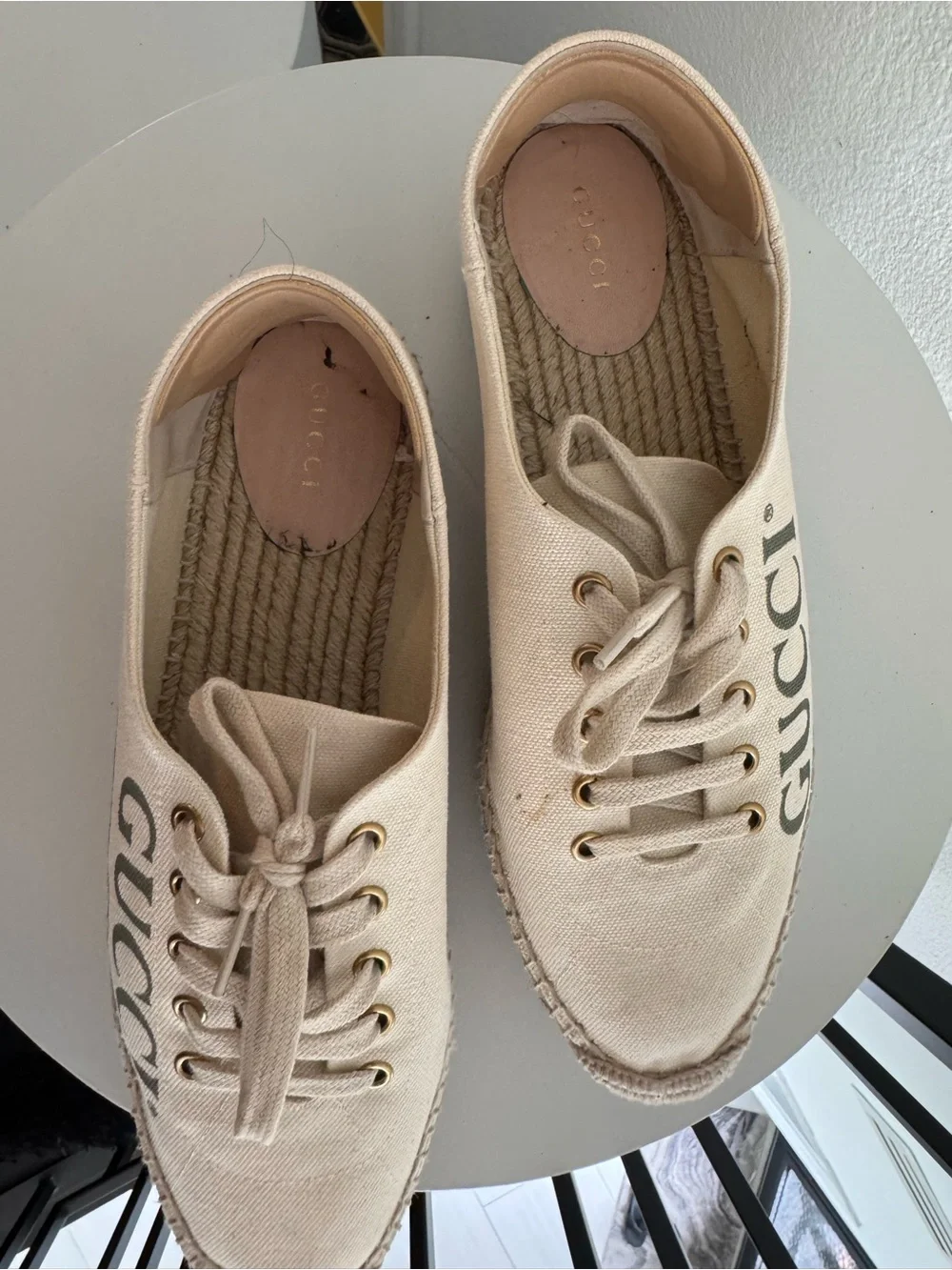 Gucci Beige Canvas Platform Espadrille Sneakers with Red and Green Stripe